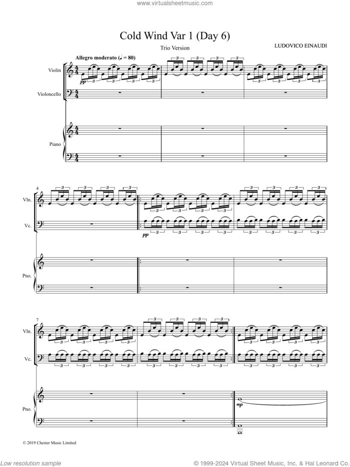 Cold Wind Var. 1 (Day 6) (COMPLETE) sheet music for piano trio by Ludovico Einaudi, classical score, intermediate skill level