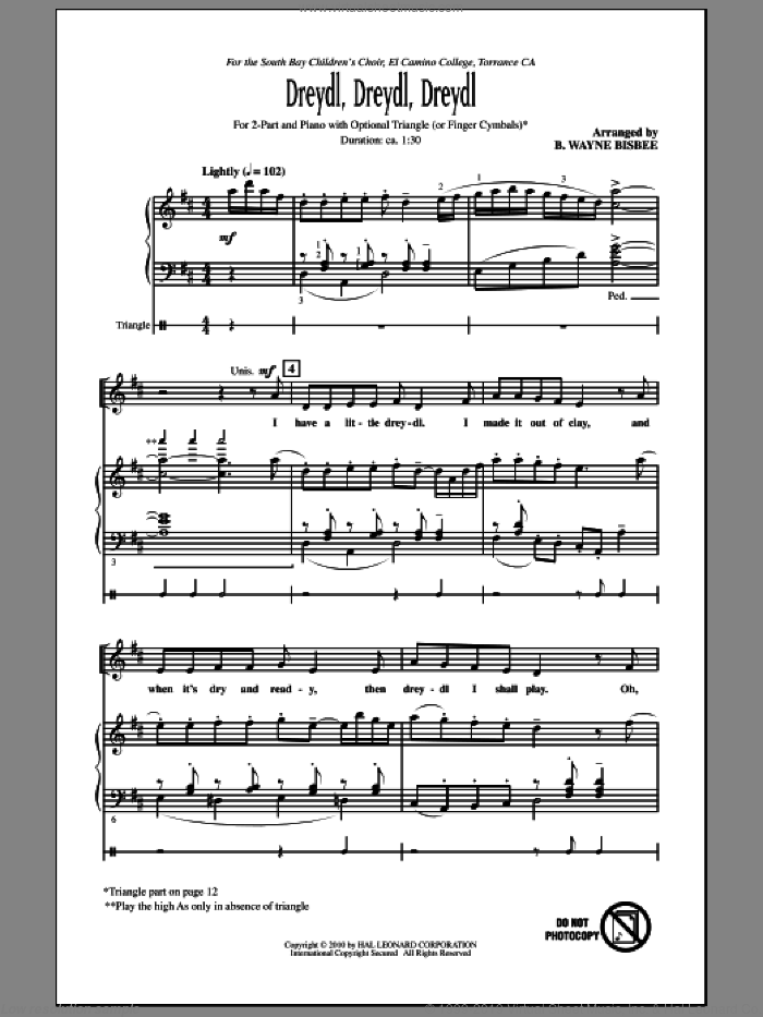 Dreydl, Dreydl, Dreydl sheet music for choir (2-Part) by B. Wayne Bisbee, intermediate duet