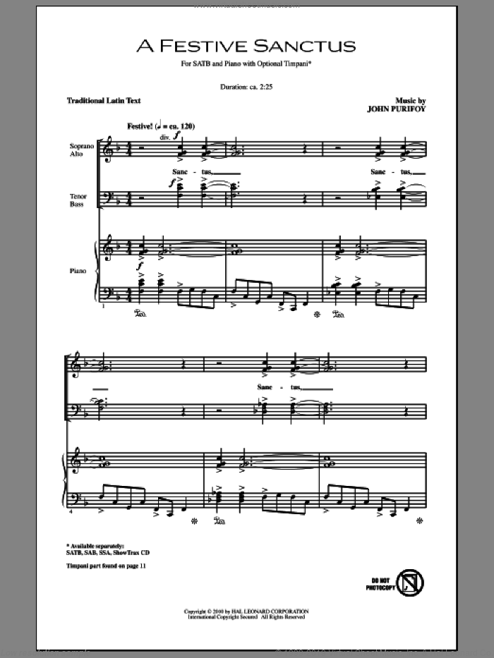 A Festive Sanctus sheet music for choir (SATB: soprano, alto, tenor, bass) by John Purifoy, intermediate skill level