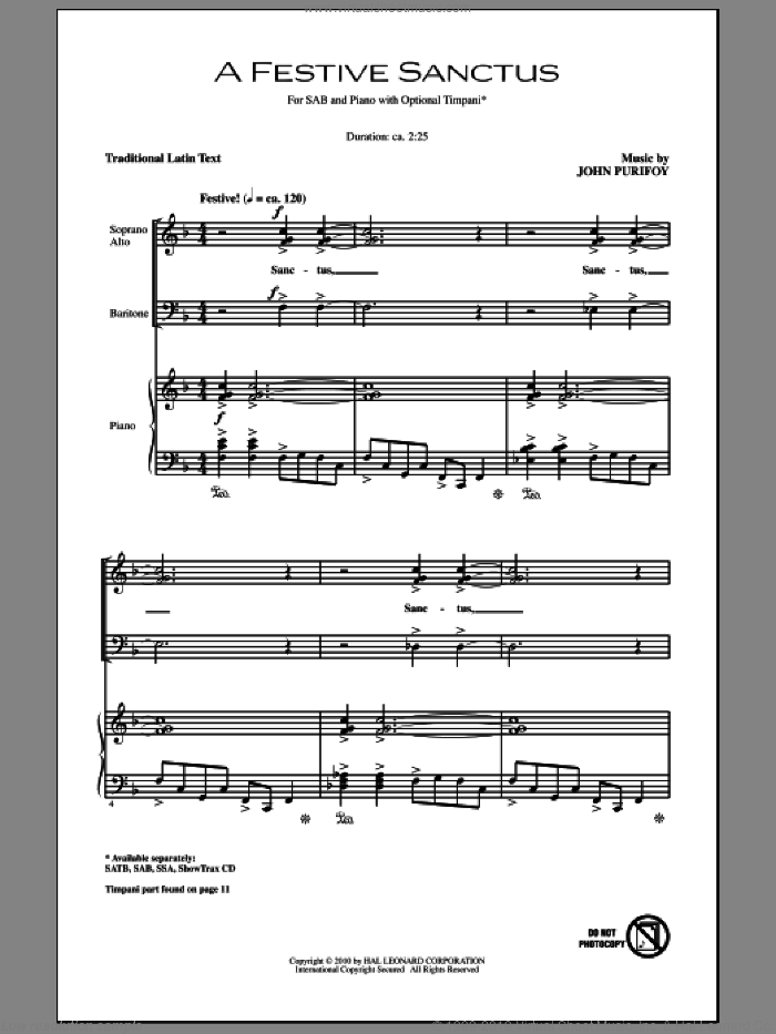 A Festive Sanctus sheet music for choir (SAB: soprano, alto, bass) by John Purifoy, intermediate skill level