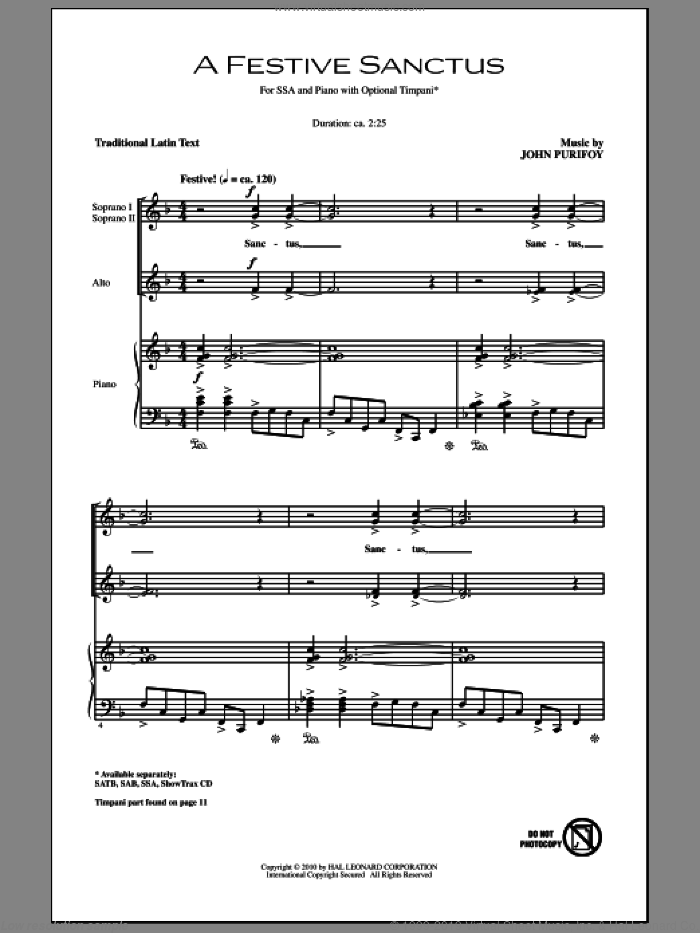 A Festive Sanctus sheet music for choir (SSA: soprano, alto) by John Purifoy, intermediate skill level