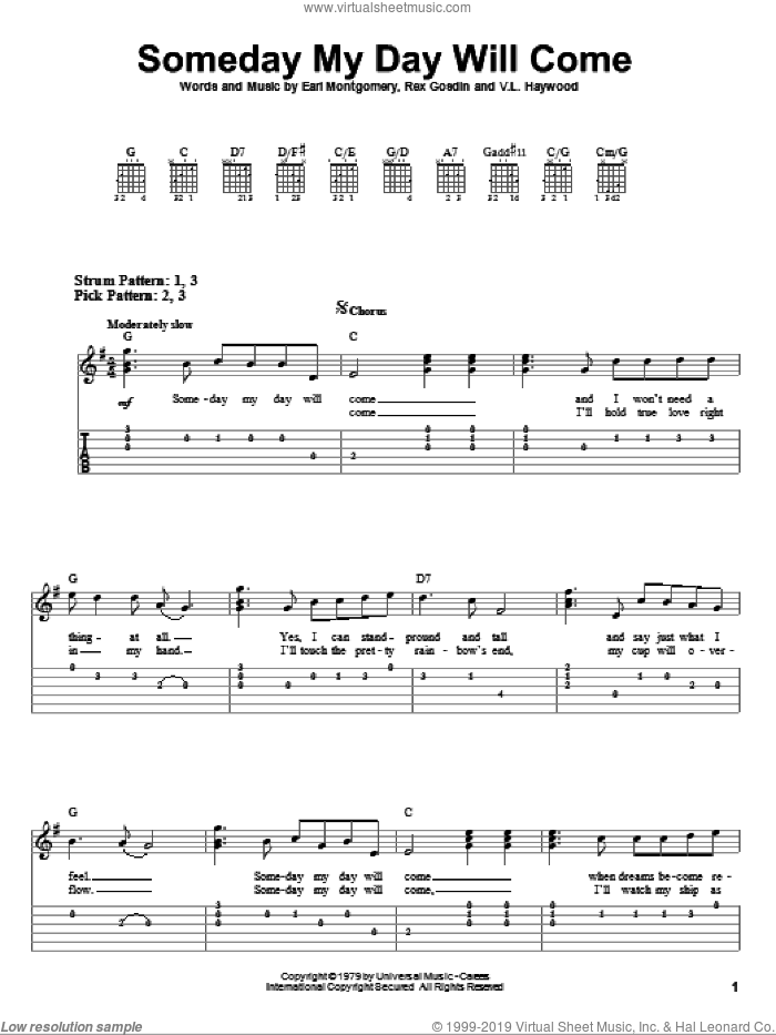 Someday My Day Will Come sheet music for guitar solo (easy tablature) by George Jones, Earl Montgomery, Leon Haywood and Rex Gosdin, easy guitar (easy tablature)