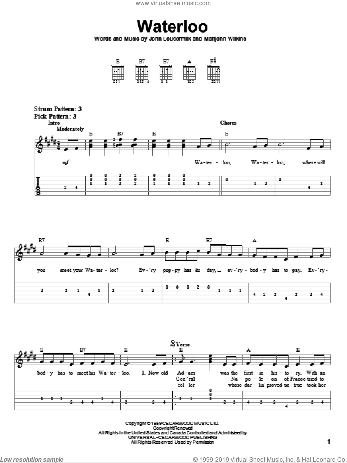 Waterloo sheet music for guitar solo (easy tablature) by Stonewall Jackson, John Loudermilk and Marijohn Wilkin, easy guitar (easy tablature)