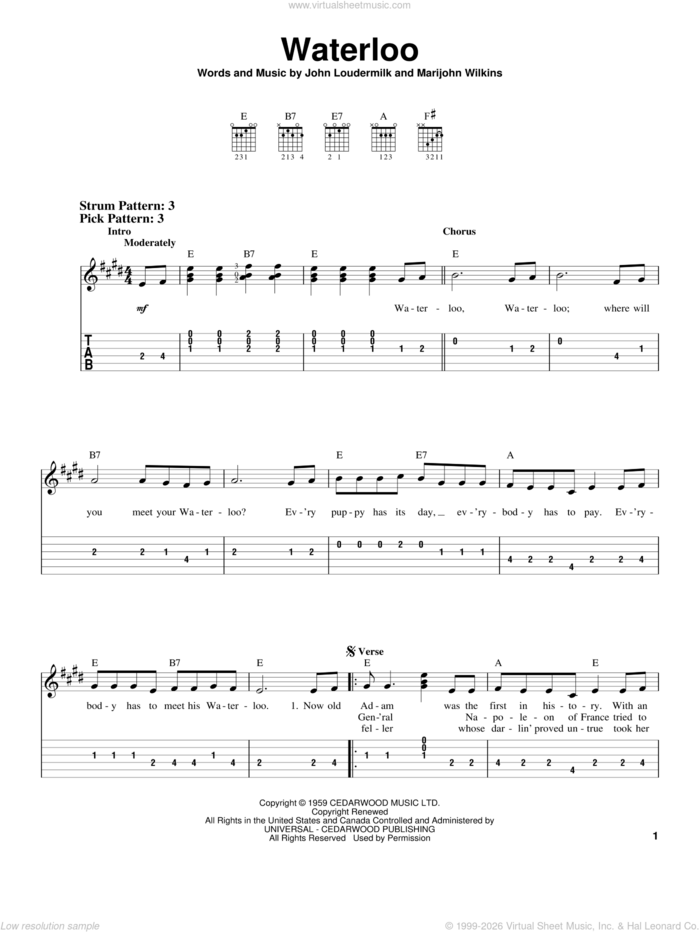 Waterloo sheet music for guitar solo (easy tablature) by Stonewall Jackson, John Loudermilk and Marijohn Wilkin, easy guitar (easy tablature)