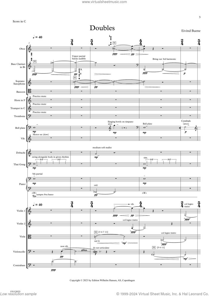 Doubles sheet music for piano trio (full score) by Eivind Buene, classical score, intermediate skill level