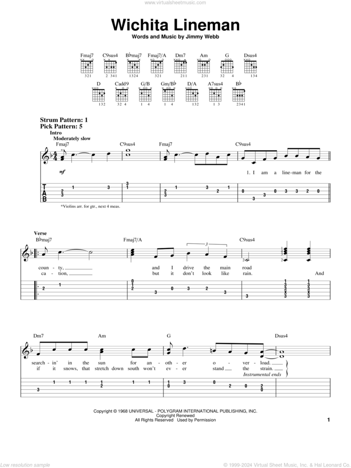 Wichita Lineman sheet music for guitar solo (easy tablature) by Glen Campbell, Johnny Cash and Jimmy Webb, easy guitar (easy tablature)