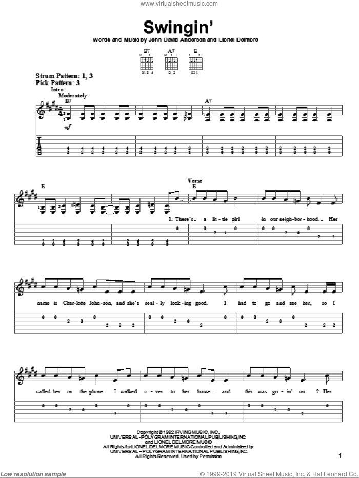 Swingin' sheet music for guitar solo (easy tablature) by John Anderson, John David Anderson and Lionel Delmore, easy guitar (easy tablature)