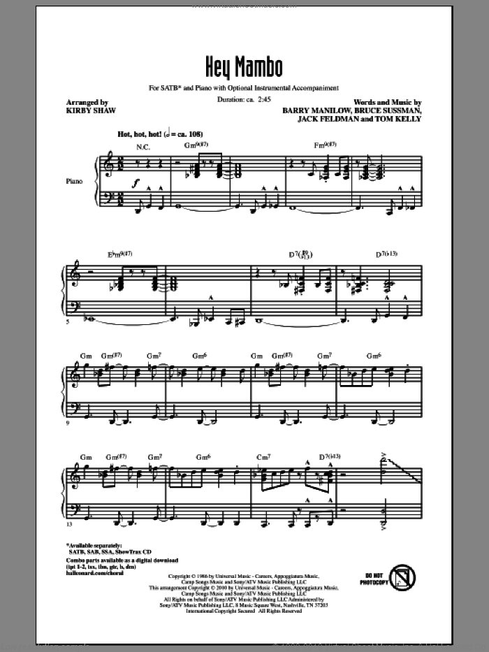 Hey Mambo sheet music for choir (SATB: soprano, alto, tenor, bass) by Barry Manilow and Kirby Shaw, intermediate skill level