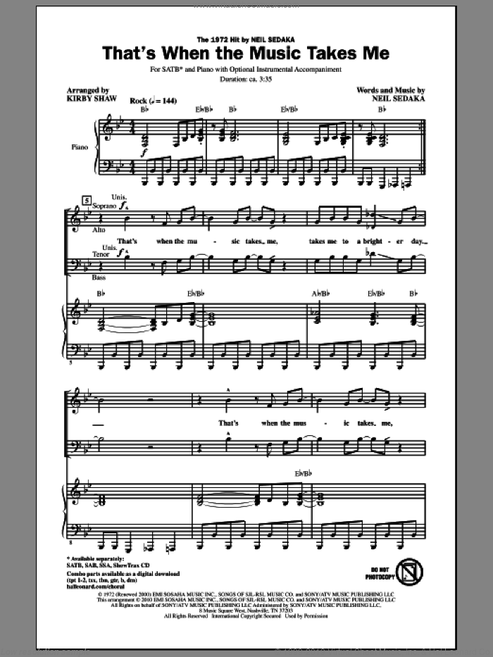 That's When The Music Takes Me sheet music for choir (SATB: soprano, alto, tenor, bass) by Neil Sedaka and Kirby Shaw, intermediate skill level