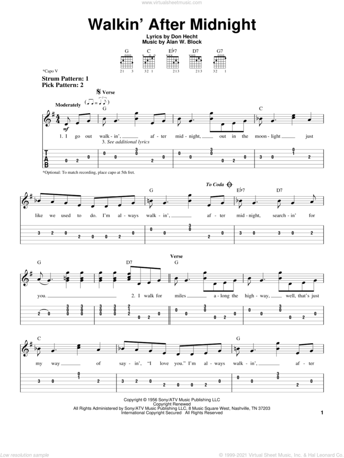Walkin' After Midnight sheet music for guitar solo (easy tablature) by Patsy Cline, Alan W. Block and Don Hecht, easy guitar (easy tablature)