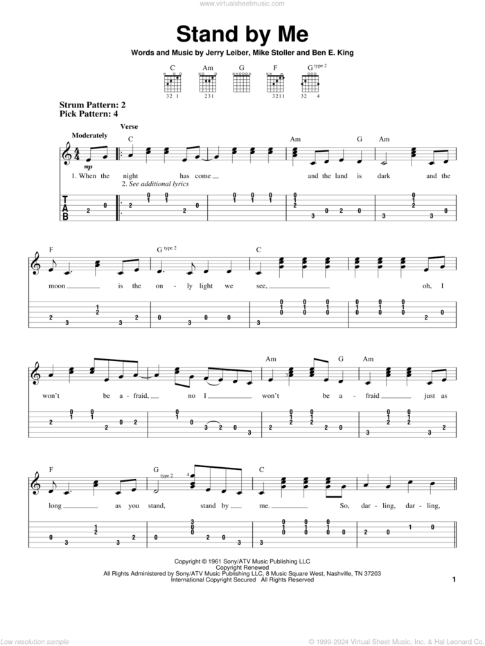 Stand By Me sheet music for guitar solo (easy tablature) by Mickey Gilley, Ben E. King, Jerry Leiber and Mike Stoller, easy guitar (easy tablature)