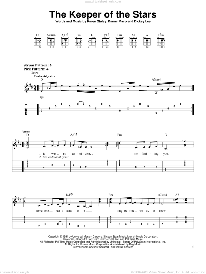 The Keeper Of The Stars sheet music for guitar solo (easy tablature) by Tracy Byrd, Danny Mayo, Dickey Lee and Karen Staley, wedding score, easy guitar (easy tablature)