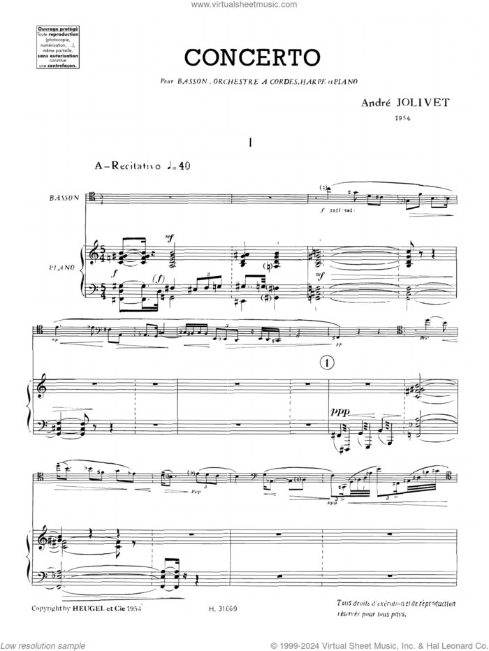 Concerto for Bassoon, transcription for Bass Clarinet sheet music for Bass Clarinet Solo (clarinetto basso) by André Jolivet and Vincent Penot, classical score, intermediate skill level