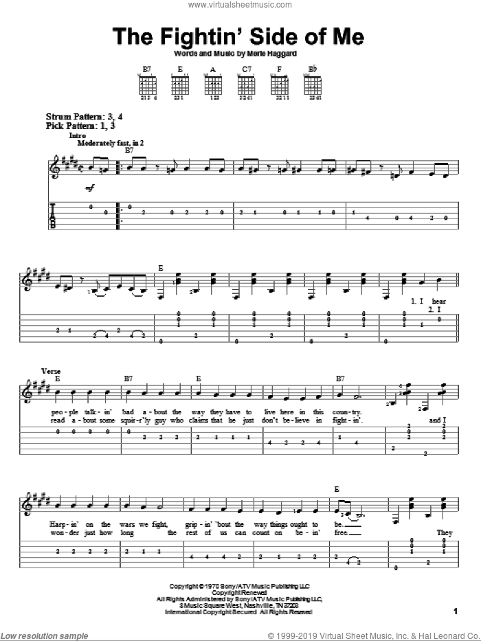The Fightin' Side Of Me sheet music for guitar solo (easy tablature) by Merle Haggard, easy guitar (easy tablature)