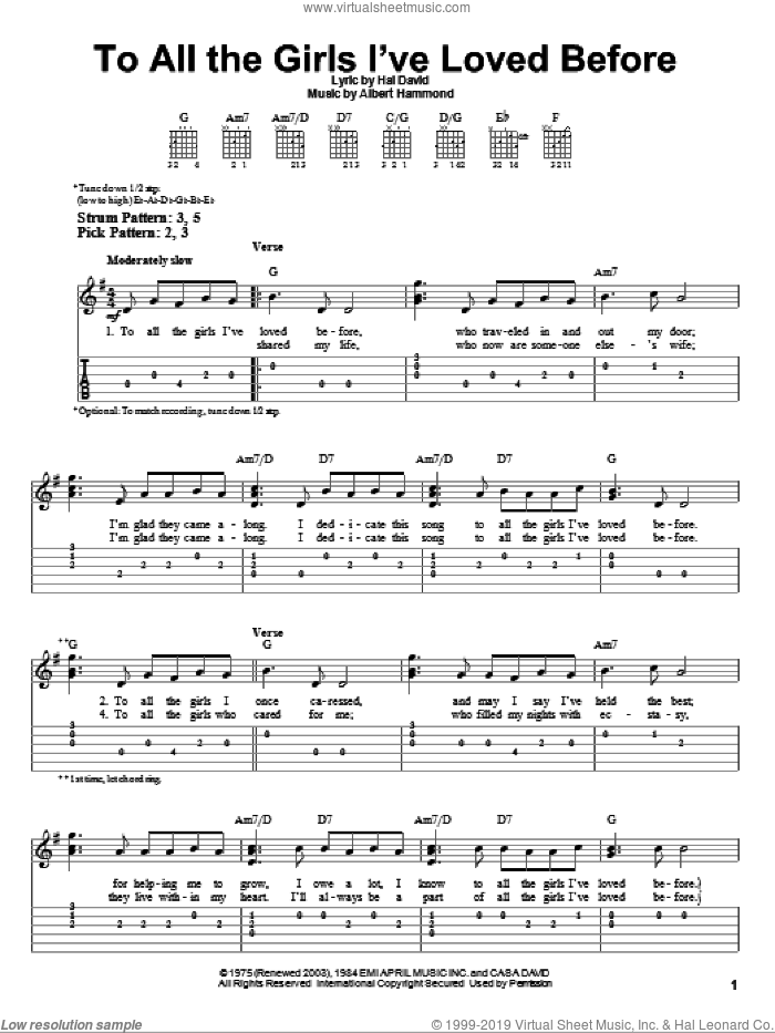 To All The Girls I've Loved Before sheet music for guitar solo (easy tablature) by Julio Iglesias & Willie Nelson, Julio Iglesias, Willie Nelson, Albert Hammond and Hal David, easy guitar (easy tablature)
