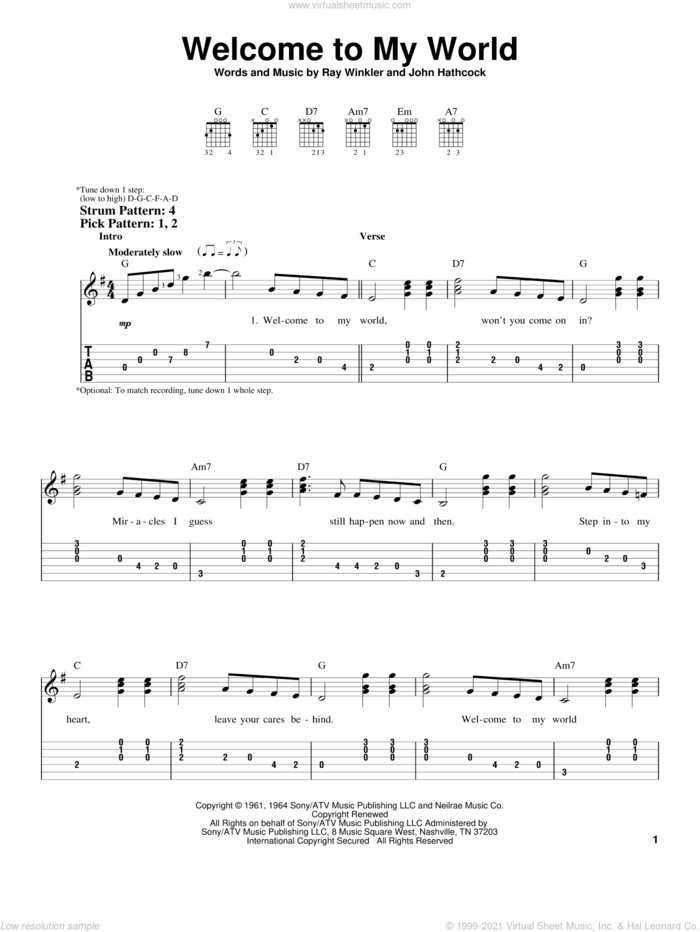 Welcome To My World sheet music for guitar solo (easy tablature) by Jim Reeves, Elvis Presley, John Hathcock and Ray Winkler, easy guitar (easy tablature)
