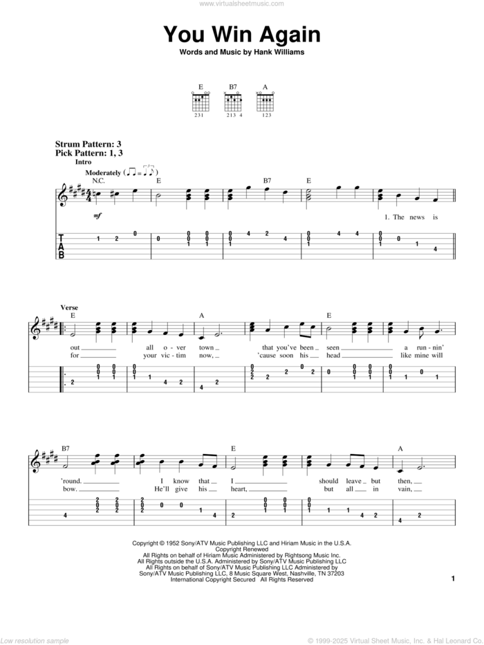 You Win Again sheet music for guitar solo (easy tablature) by Hank Williams, easy guitar (easy tablature)