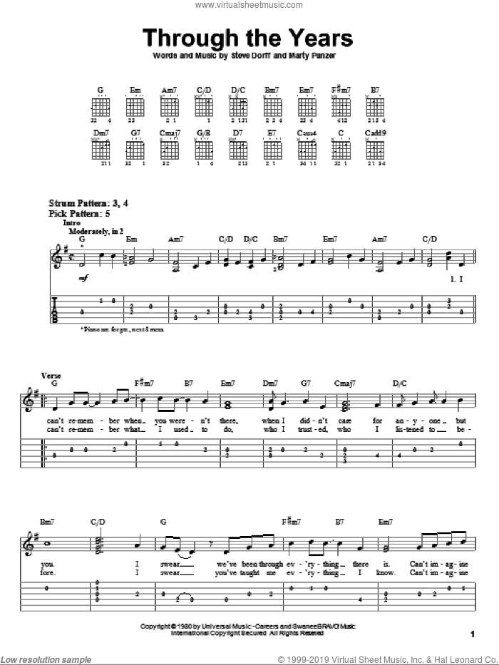 Through The Years sheet music for guitar solo (easy tablature) by Kenny Rogers, Marty Panzer and Steve Dorff, wedding score, easy guitar (easy tablature)