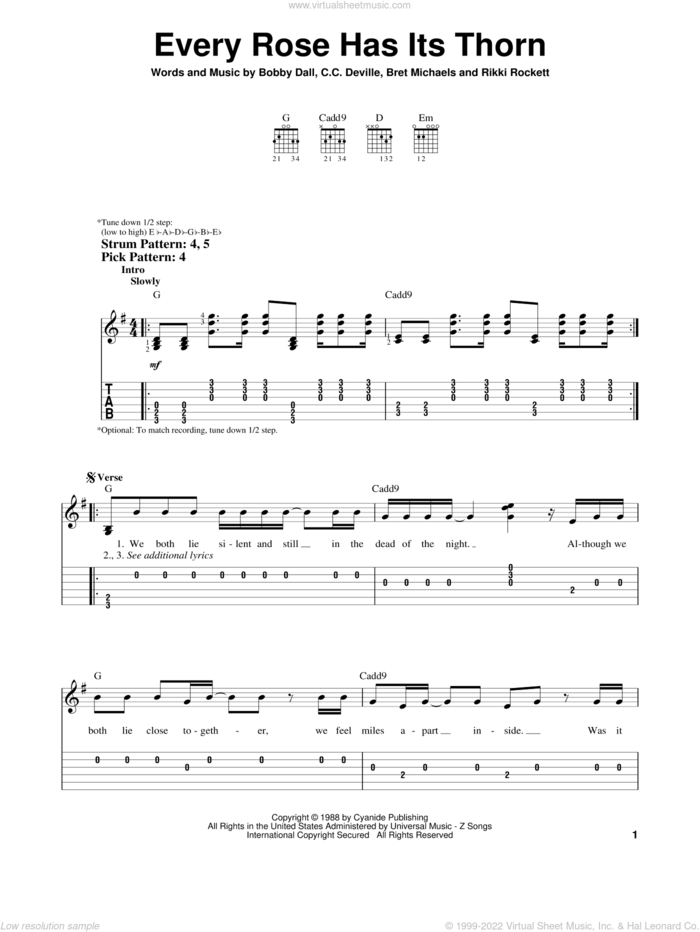 Every Rose Has Its Thorn sheet music for guitar solo (easy tablature) by Poison, Bobby Dall, Bret Michaels, C.C. Deville and Rikki Rockett, easy guitar (easy tablature)