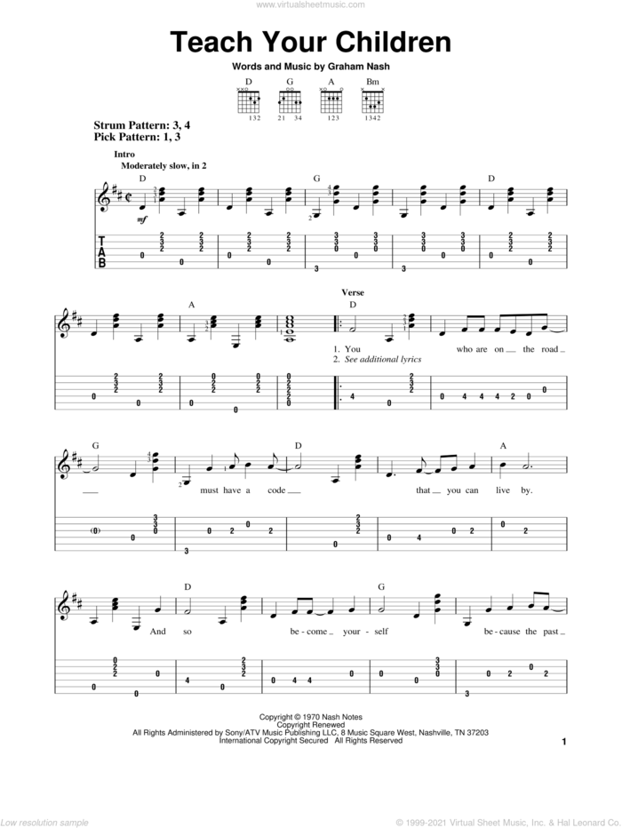 Teach Your Children sheet music for guitar solo (easy tablature) by Crosby, Stills, Nash & Young, Crosby, Stills & Nash and Graham Nash, easy guitar (easy tablature)