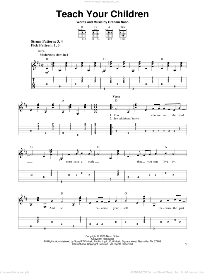 Teach Your Children sheet music for guitar solo (easy tablature) by Crosby, Stills, Nash & Young, Crosby, Stills & Nash and Graham Nash, easy guitar (easy tablature)