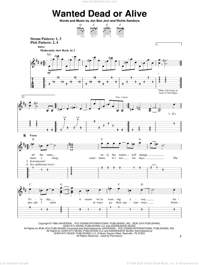 Wanted Dead Or Alive sheet music for guitar solo (easy tablature) by Bon Jovi and Richie Sambora, easy guitar (easy tablature)