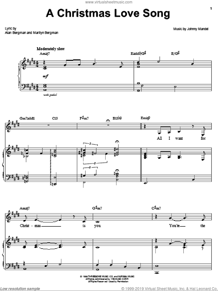 A Christmas Love Song sheet music for voice, piano or guitar by Barbra Streisand, Alan Bergman, Johnny Mandel and Marilyn Bergman, intermediate skill level