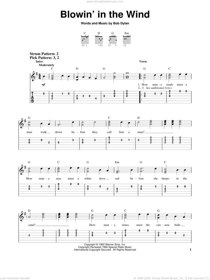 Blowin' In The Wind sheet music for guitar solo (easy tablature) by Bob Dylan and Peter, Paul & Mary, easy guitar (easy tablature)