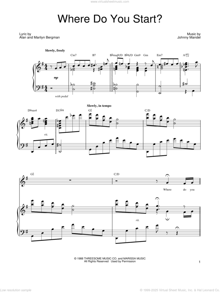 Where Do You Start? sheet music for voice, piano or guitar by Barbra Streisand, Alan Bergman, Johnny Mandel and Marilyn Bergman, intermediate skill level