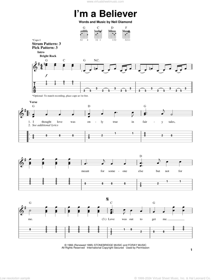 I'm A Believer sheet music for guitar solo (easy tablature) by The Monkees and Neil Diamond, easy guitar (easy tablature)