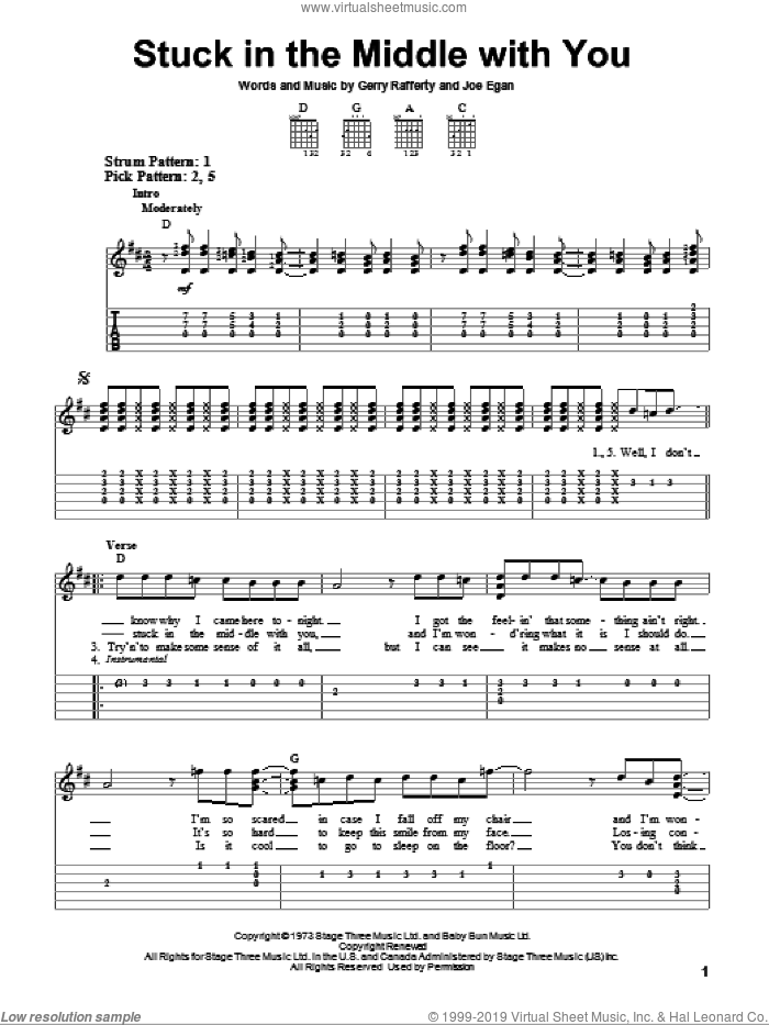 Stuck In The Middle With You sheet music for guitar solo (easy tablature) by Stealers Wheel, Gerry Rafferty and Joe Egan, easy guitar (easy tablature)