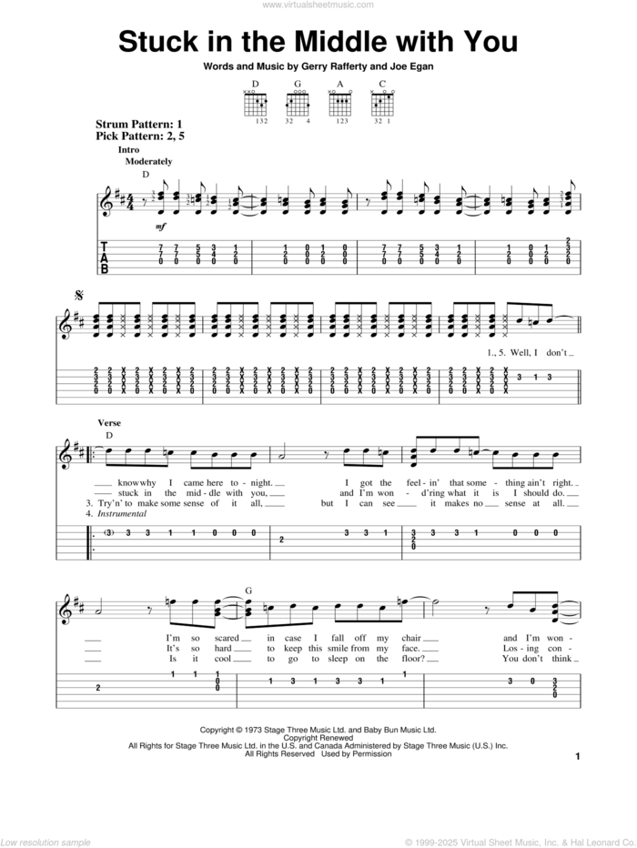 Stuck In The Middle With You sheet music for guitar solo (easy tablature) by Stealers Wheel, Gerry Rafferty and Joe Egan, easy guitar (easy tablature)