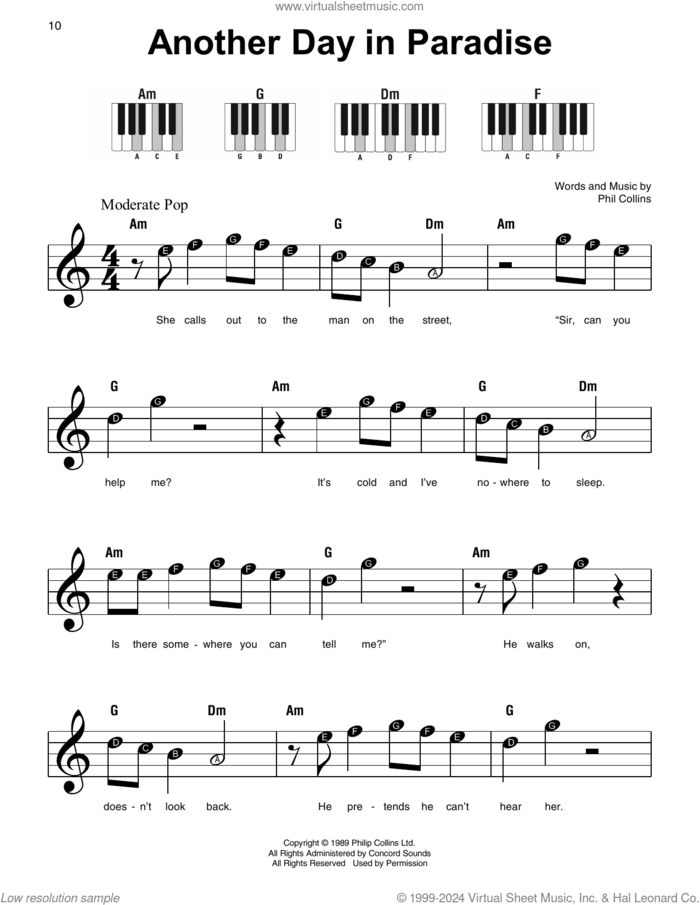 Another Day In Paradise, (beginner) sheet music for piano solo by Phil Collins, beginner skill level