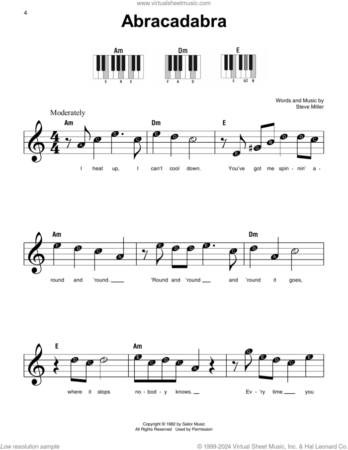 Abracadabra sheet music for piano solo by Steve Miller Band and Steve Miller, beginner skill level