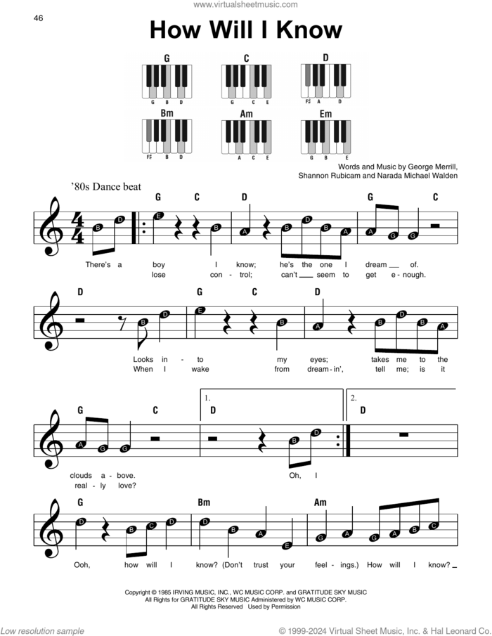 How Will I Know, (beginner) sheet music for piano solo by Whitney Houston, George Merrill, Narada Michael Walden and Shannon Rubicam, beginner skill level