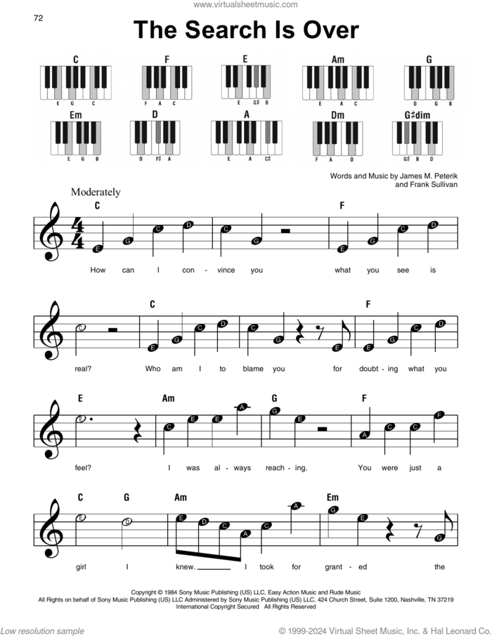 The Search Is Over sheet music for piano solo by Survivor, Frank Sullivan and Jim Peterik, beginner skill level