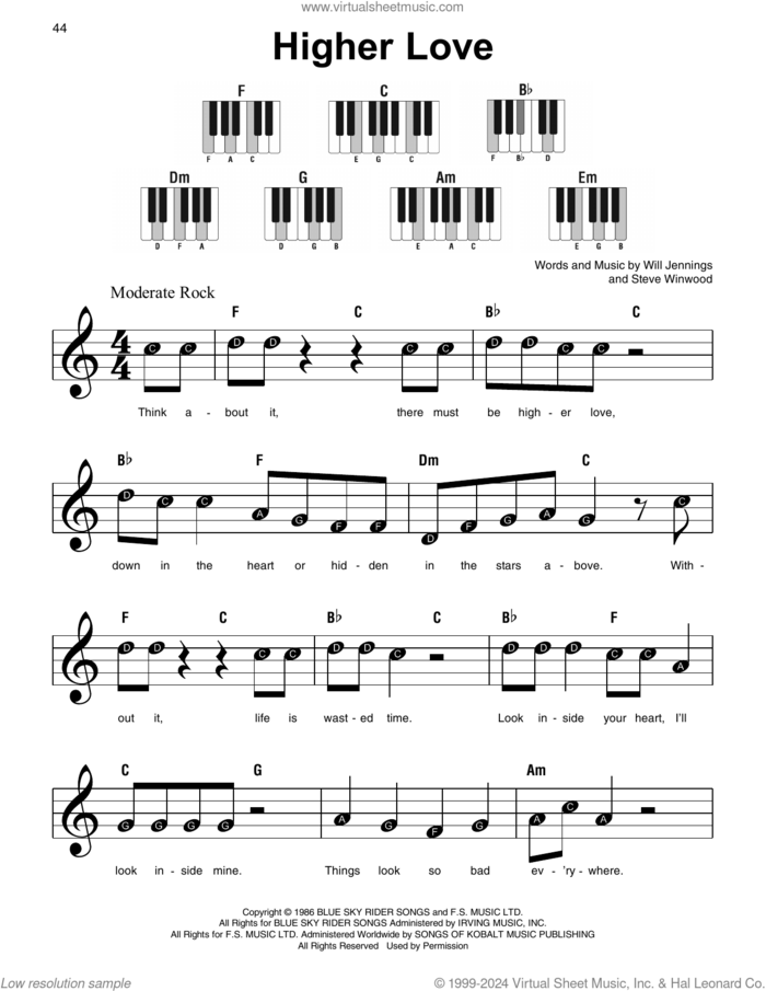 Higher Love, (beginner) sheet music for piano solo by Steve Winwood and Will Jennings, beginner skill level