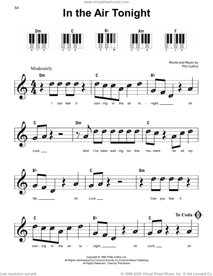 In The Air Tonight, (beginner) sheet music for piano solo by Phil Collins, beginner skill level