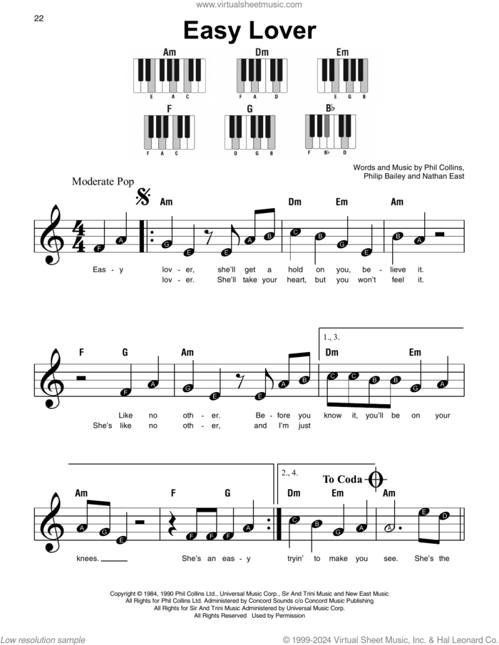 Easy Lover sheet music for piano solo by Phil Collins & Philip Bailey, Nathan East, Phil Collins and Philip Bailey, beginner skill level