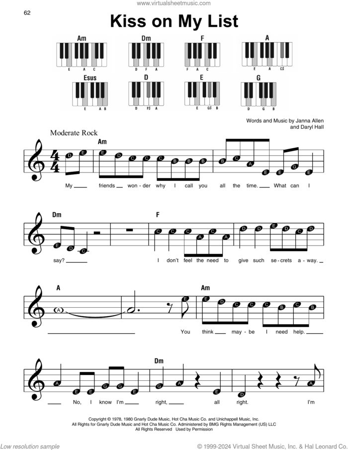 Kiss On My List sheet music for piano solo by Daryl Hall & John Oates, Daryl Hall and Janna Allen, beginner skill level