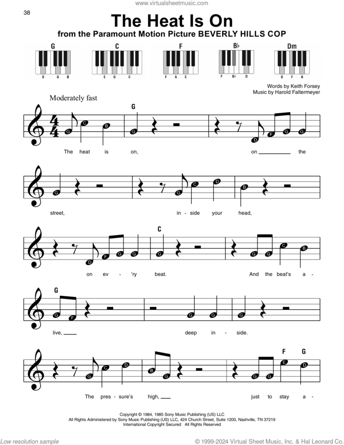 The Heat Is On sheet music for piano solo by Glenn Frey, Harold Faltermeyer and Keith Forsey, beginner skill level