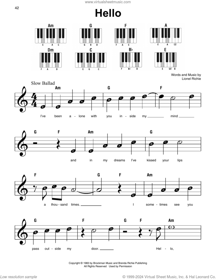 Hello, (beginner) sheet music for piano solo by Lionel Richie, beginner skill level