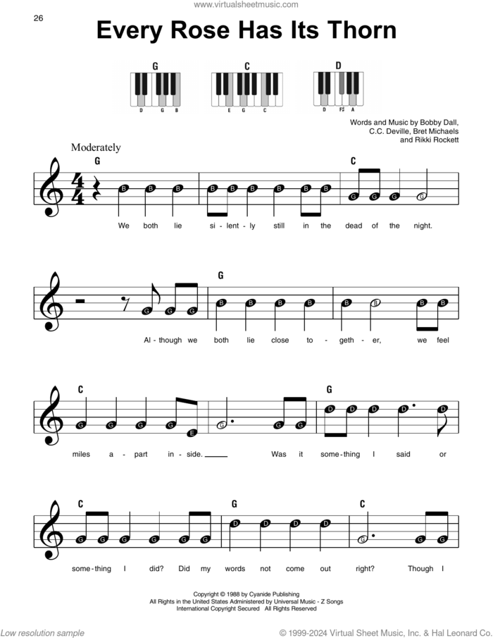 Every Rose Has Its Thorn, (beginner) sheet music for piano solo by Poison, Bobby Dall, Bret Michaels, C.C. Deville and Rikki Rockett, beginner skill level