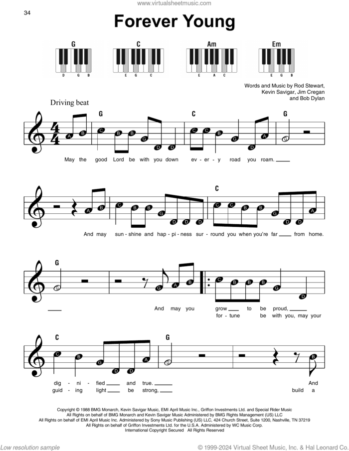 Forever Young, (beginner) sheet music for piano solo by Rod Stewart, Bob Dylan, Jim Cregan and Kevin Savigar, beginner skill level