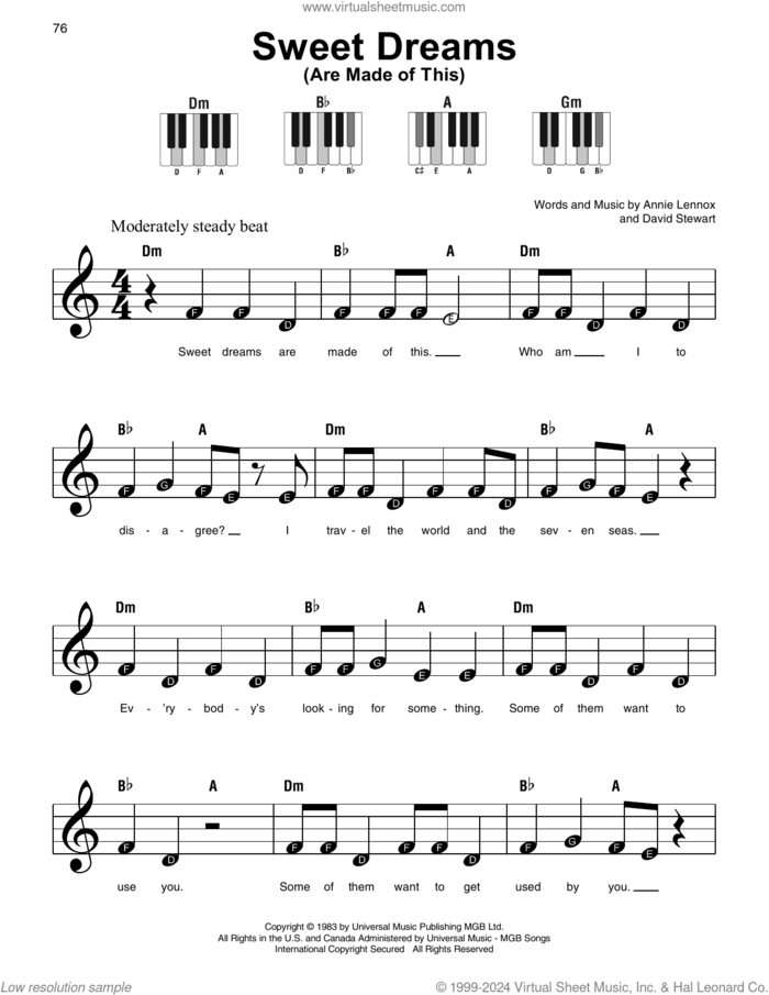 Sweet Dreams (Are Made Of This), (beginner) sheet music for piano solo by Eurythmics, Annie Lennox and Dave Stewart, beginner skill level