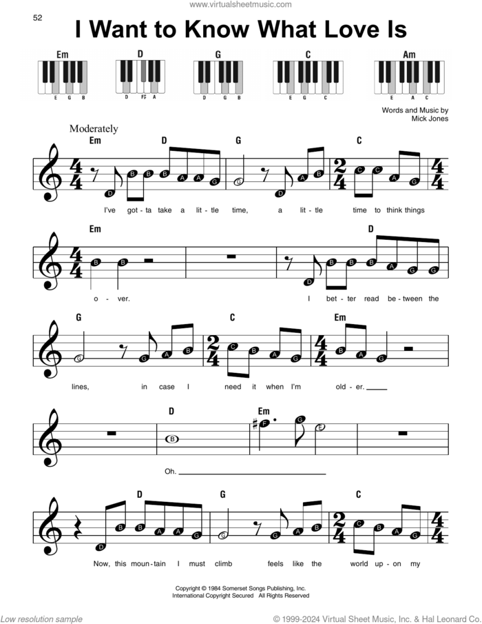 I Want To Know What Love Is sheet music for piano solo by Foreigner and Mick Jones, beginner skill level