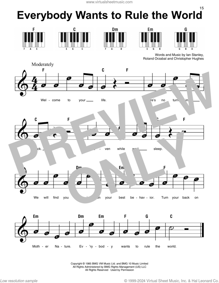 Everybody Wants To Rule The World, (beginner) sheet music for piano solo by Tears For Fears, Christopher Hughes, Ian Stanley and Roland Orzabal, beginner skill level