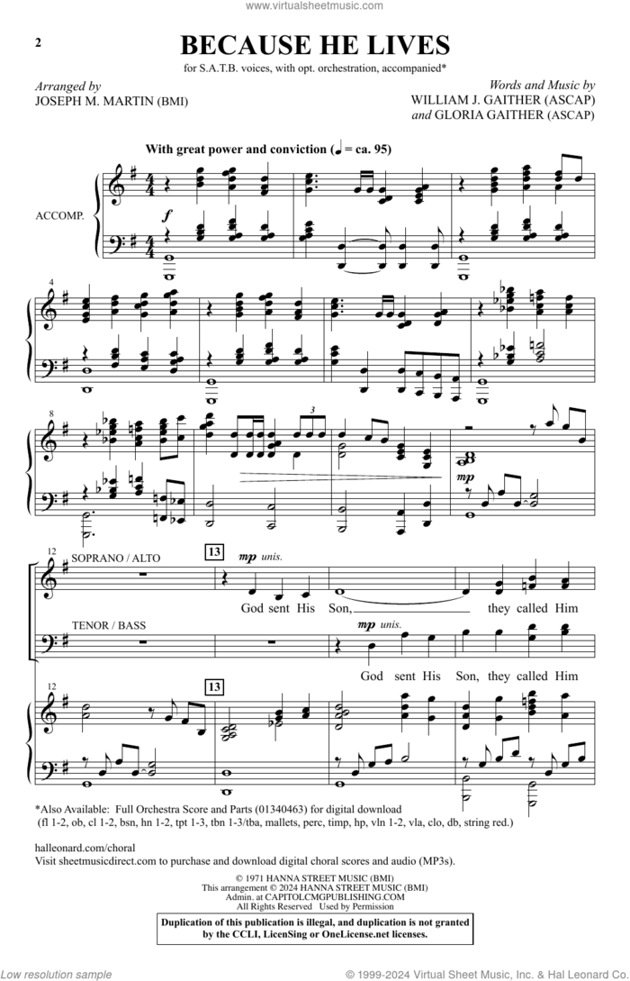 Because He Lives (arr. Joseph M. Martin) sheet music for choir (SATB: soprano, alto, tenor, bass) by Bill & Gloria Gaither, Joseph M. Martin, Gloria Gaither and William J. Gaither, intermediate skill level