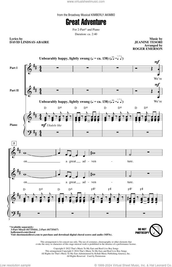 Great Adventure (from Kimberkly Akimbo) (arr. Roger Emerson) sheet music for choir (2-Part) by David Lindsay-Abaire and Jeanine Tesori, Roger Emerson, David Lindsay-Abaire and Jeanine Tesori, intermediate duet