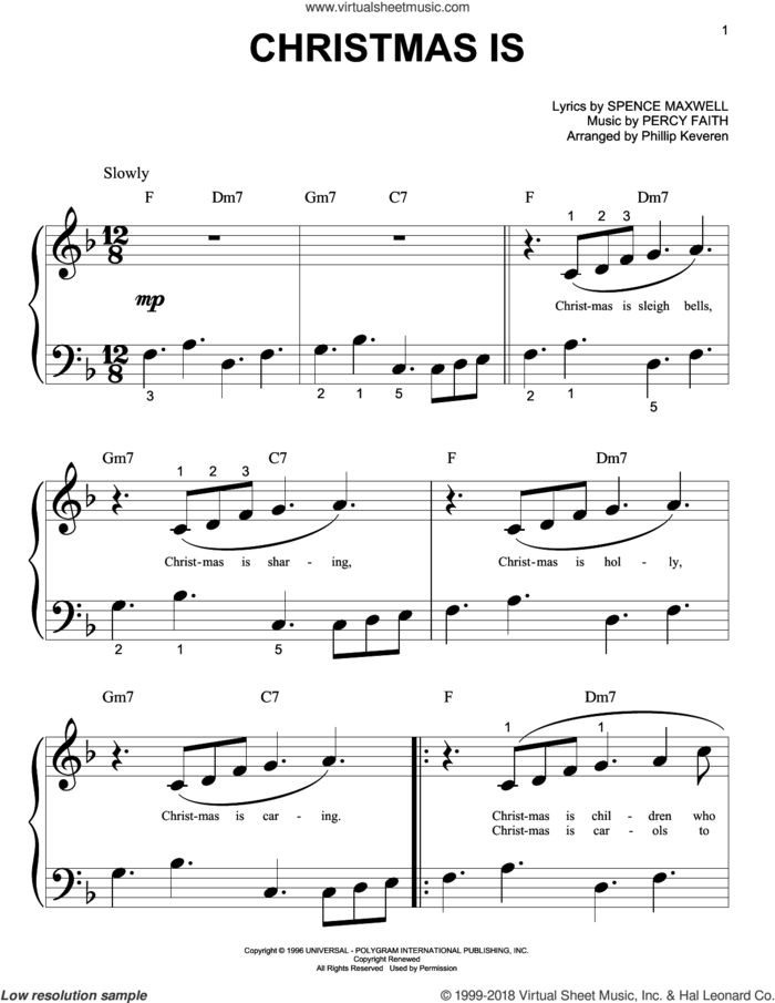 Christmas Is (arr. Phillip Keveren) sheet music for piano solo (big note book) by Percy Faith, Phillip Keveren and Spence Maxwell, easy piano (big note book)